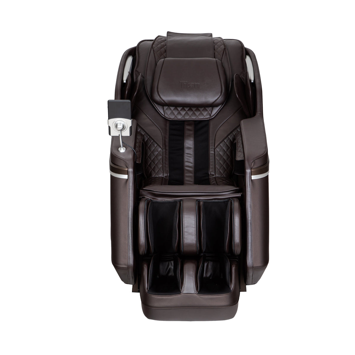 Front profile view of the Titan 4D ION full body massage chair in dark brown.